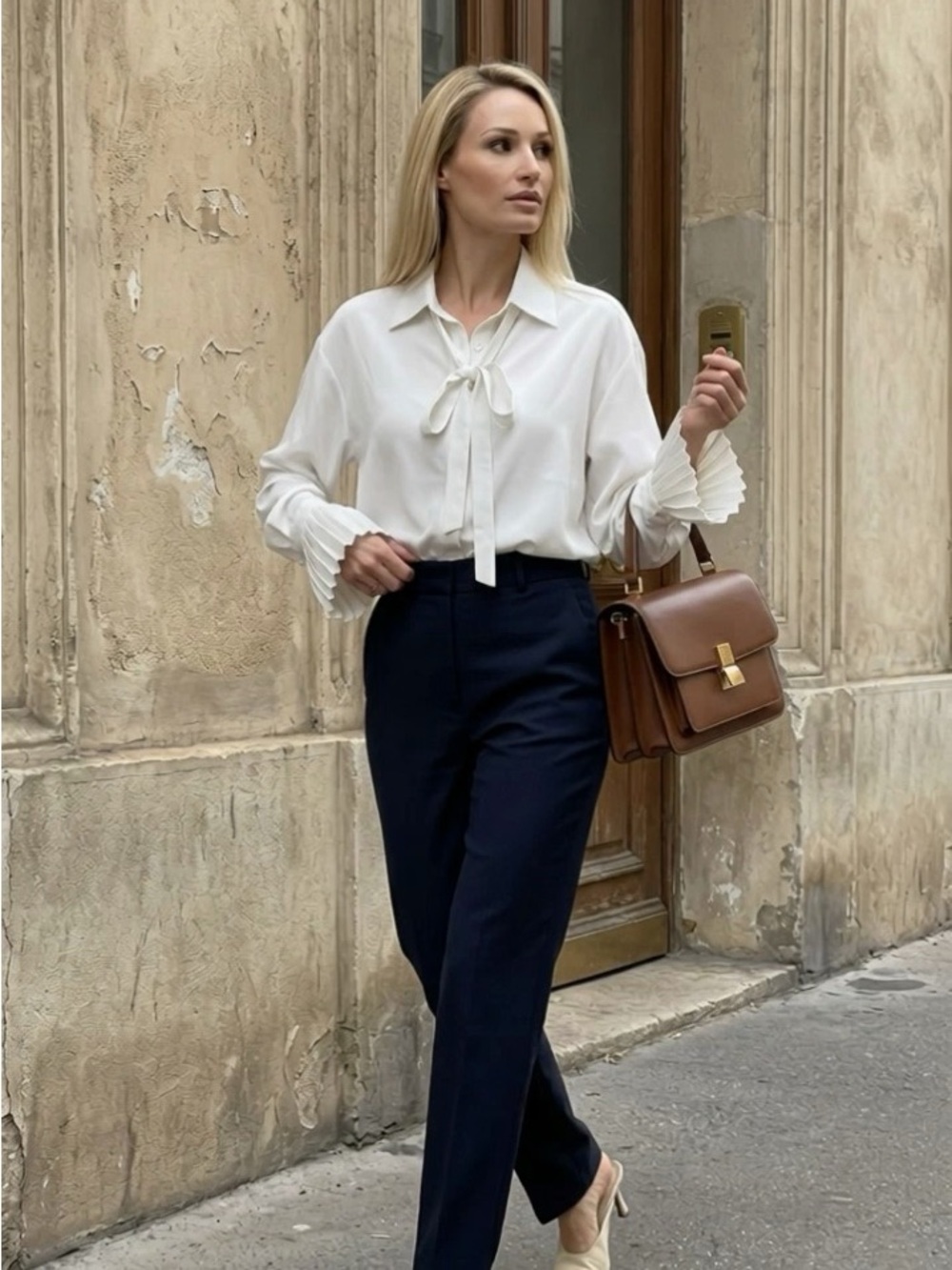 Commense White Tie-Neck Button Down Blouse with Pleated Cuffs